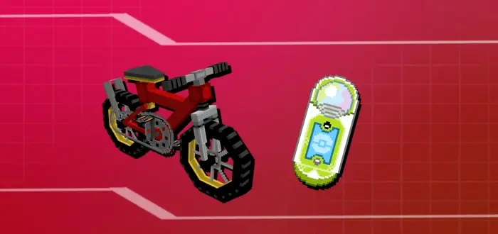 Pixelated bike and gadget on red grid background