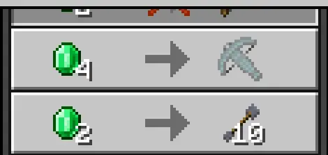 Emeralds traded for pickaxe and arrows