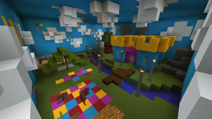 Colorful kindergarten playroom with block clouds
