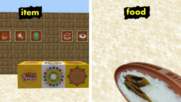Left Festival d&eacute;cor and alpona blocks Right Traditional rice and fish dish