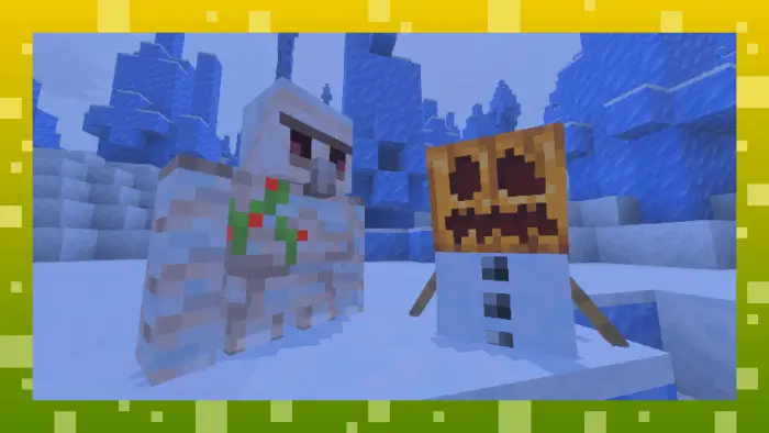 Iron golem and snow golem in snowy biome