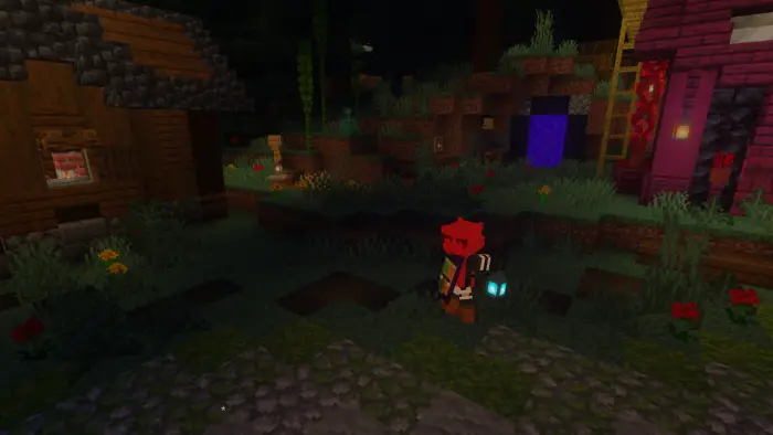 Player holding lantern near village at night