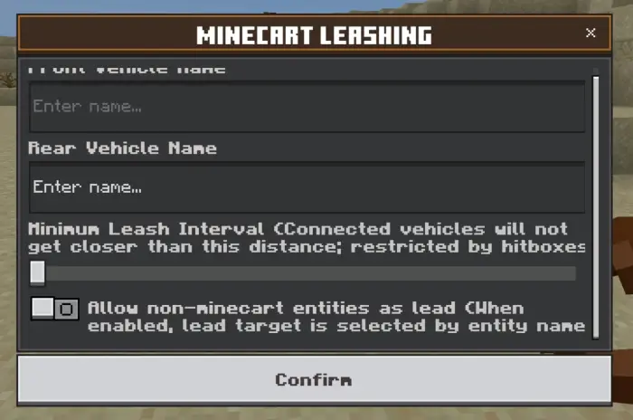 Minecart leashing settings menu interface