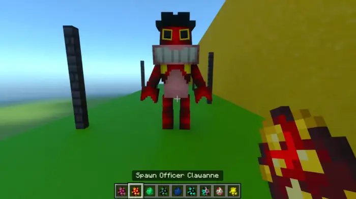 Blocky red monster with large teeth outdoors