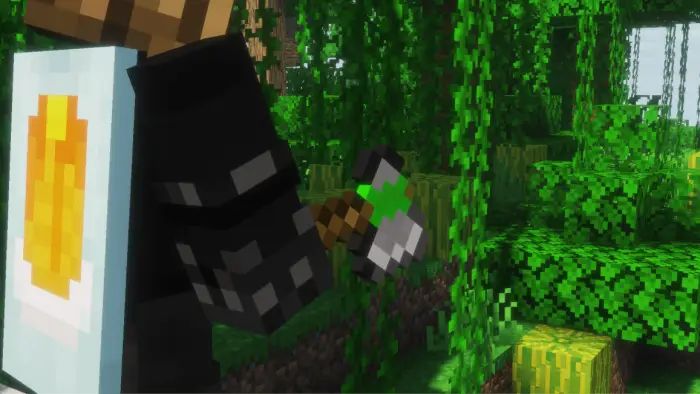 Primitive stone axe in lush jungle scene