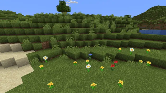 Grass and flowers on smooth, terraced terrain