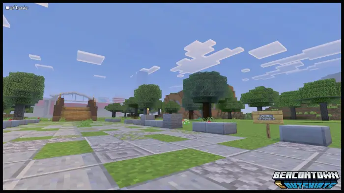 Blocky park with trees and stone pathways