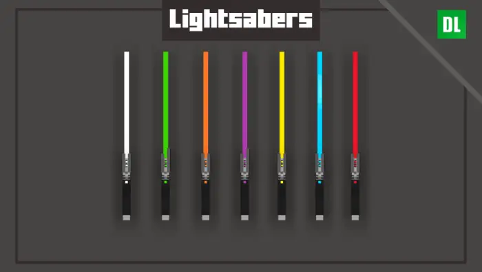Seven colorful lightsabers lined up horizontally.