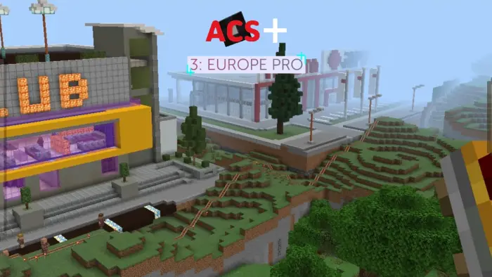 City building with rail tracks and shops