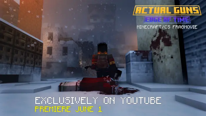 Blocky character explores snowy, ruined city.