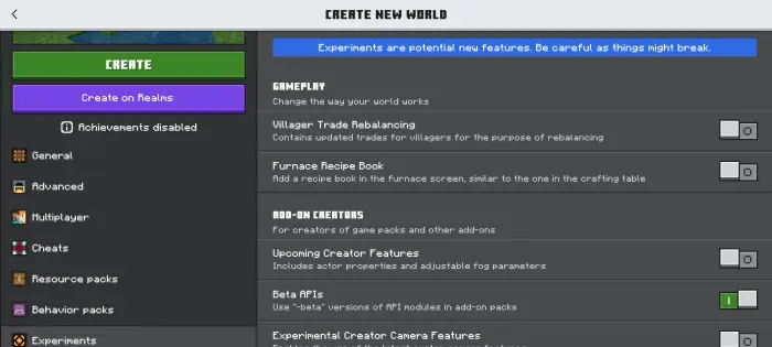 Settings menu with experimental features toggles.