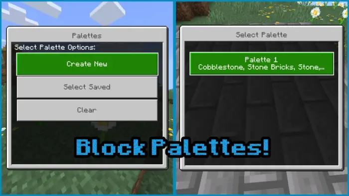 Side-by-side block palette selection menus.