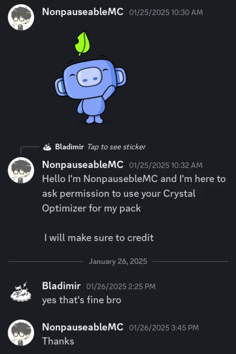 Discord chat about texture pack permission.