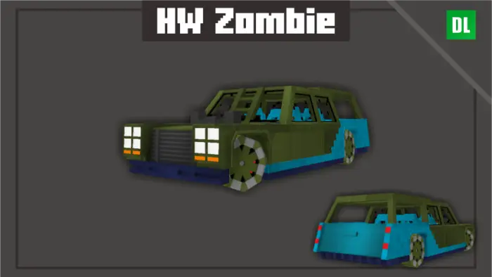 Boxy green and blue toy car labeled HW Zombie