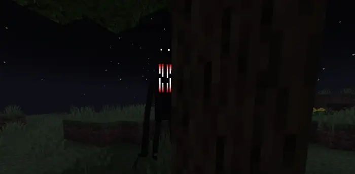 A tall, creepy creature hides behind a tree.