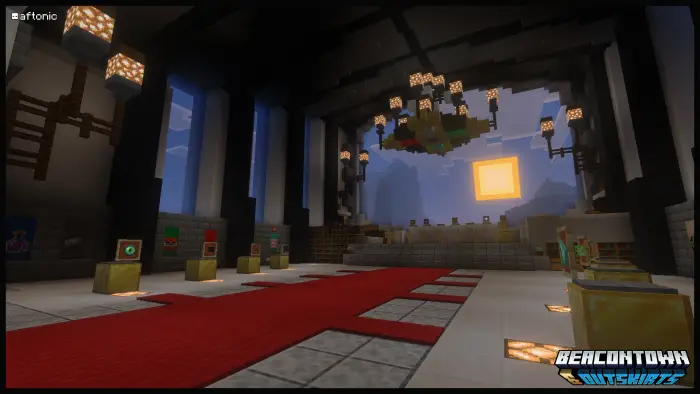 Grand hall with red carpet at sunset