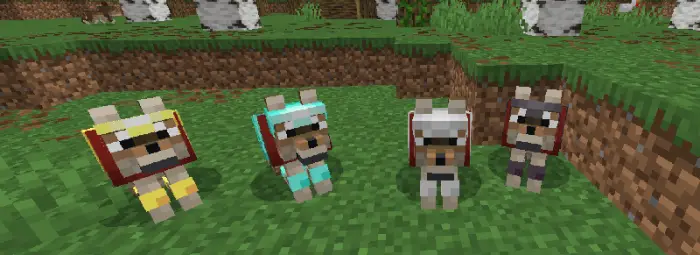 Four wolves wearing different colored armors