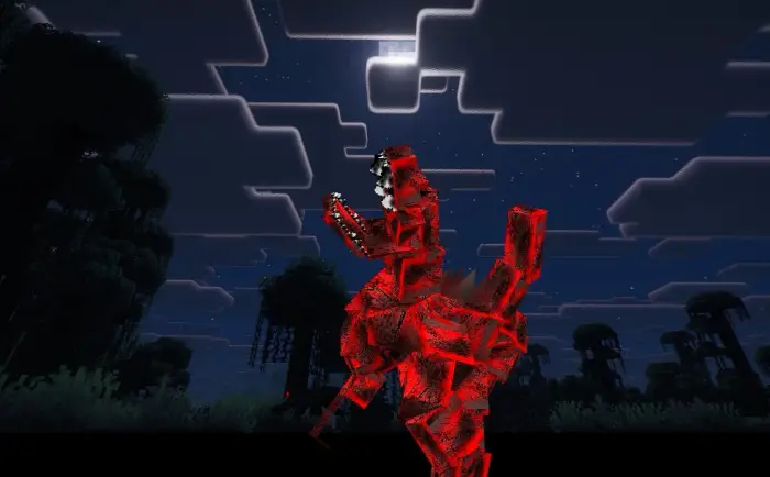 Red distorted crocodile mob under moonlight