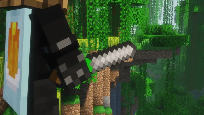 Primitive-style pixel sword in jungle scene