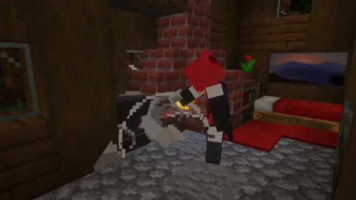 Player repairs an anvil beside a fireplace.