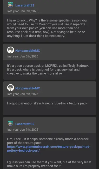 ALT text Chat discussing Truly Bedrock texture pack