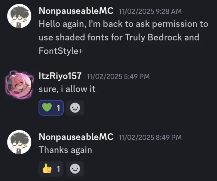 Discord chat granting font usage permission.