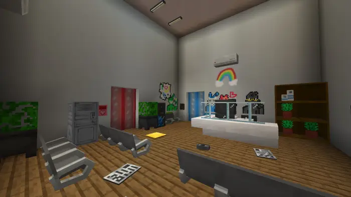 Blocky kindergarten lobby with colorful decor.