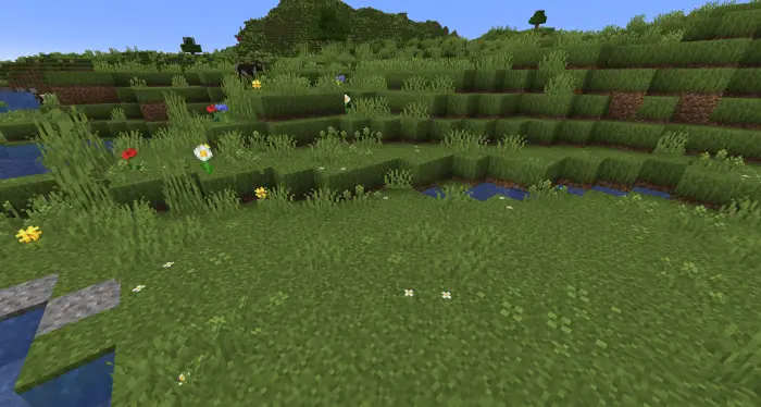 Smooth grassy terrain with flowers and hills