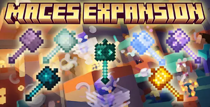 Pixel art maces in various colors displayed.