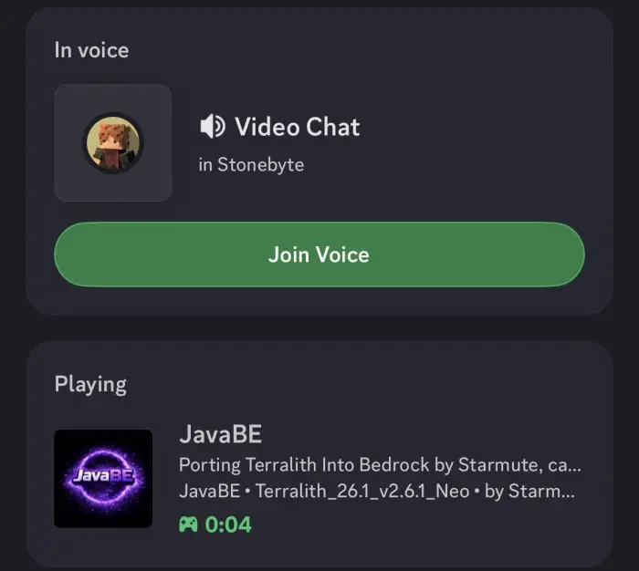 Discord screen showing JavaBE mod activity.