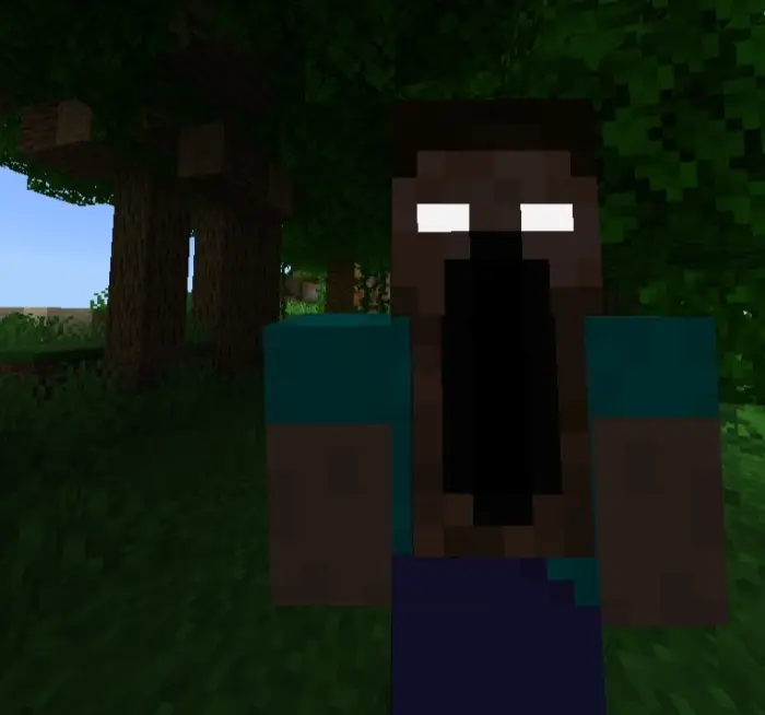 Distorted figure with glowing eyes in forest