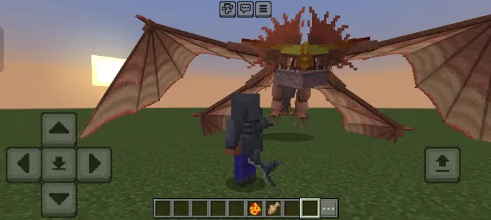 Player faces large dragon at sunset