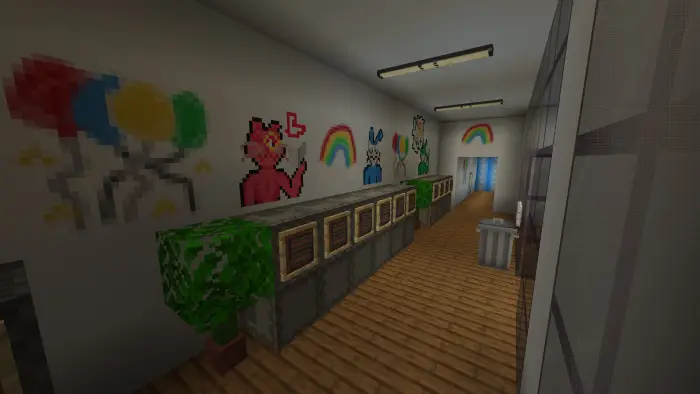 Colorful hallway with cartoon animal murals