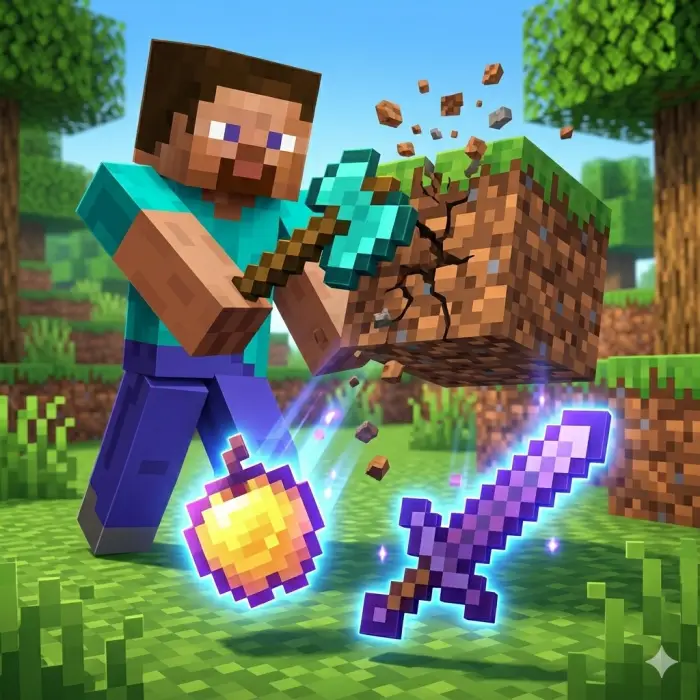 Character breaking block, random items drop.