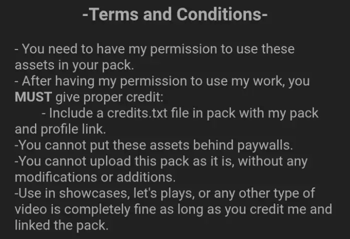 ALT Texture pack terms and conditions text