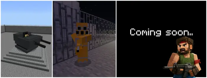 1. Blocky tank on stone steps 2. Character in yellow armor at night 3. Coming soon with armed hero sprite