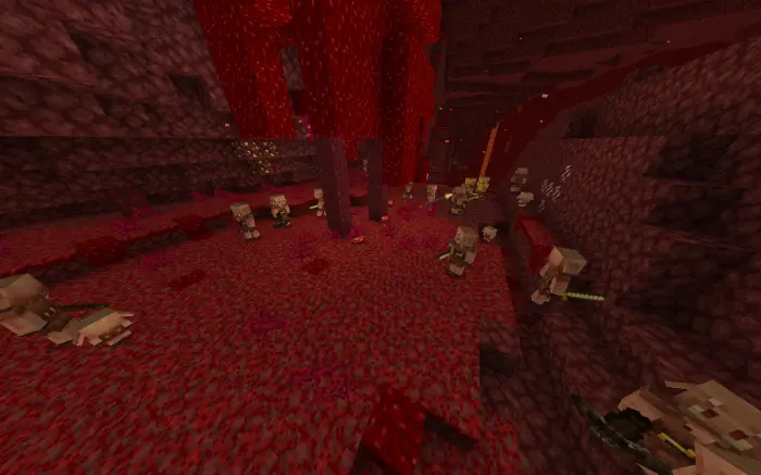 Numerous piglin mobs in a crimson forest