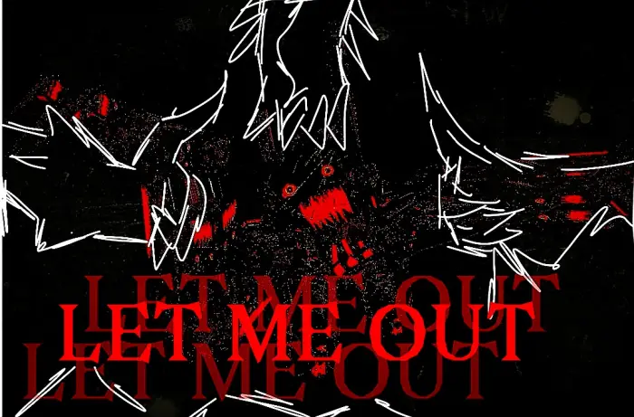 Terrifying monster with claws and red text