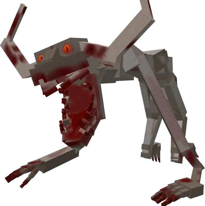 Blocky Goatman creature with red eyes.