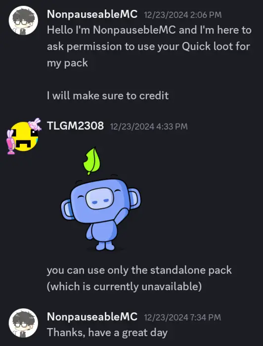 Discord chat about texture pack permissions.