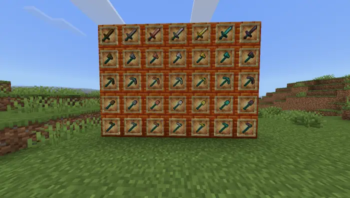 Grid of custom swords, axes, and pickaxes