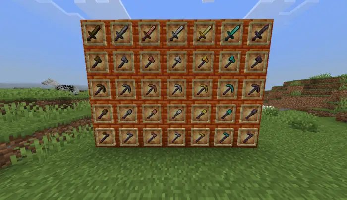 Wall display of custom mineral tools and swords