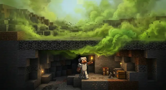 Player explores cave beneath toxic surface.