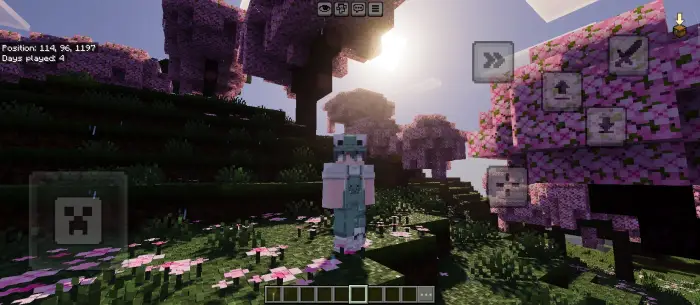 Player in pixel world with pink blossom trees