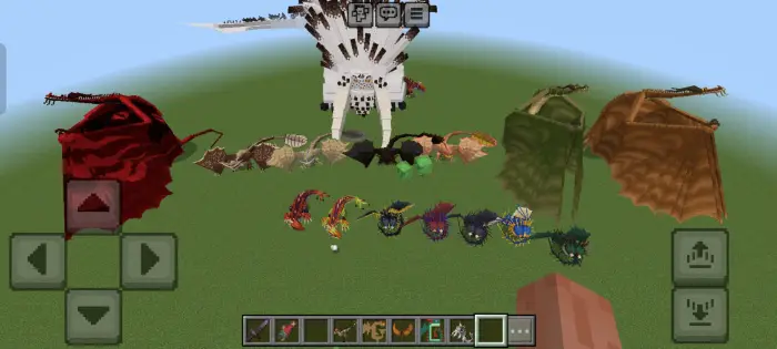 Multiple colorful dragons and a large white structure.