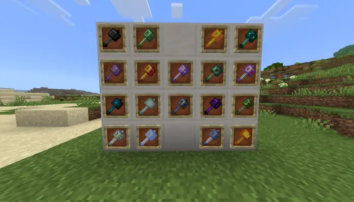 Display of 17 unique maces in item frames