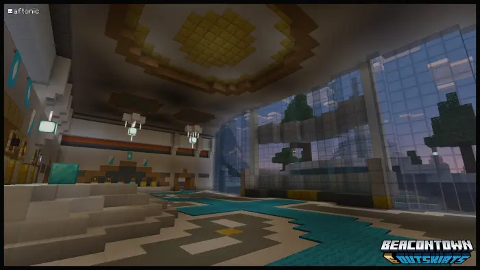 Modern blocky lobby with large glass windows