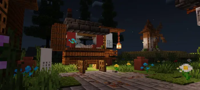 Softly lit fantasy stall at night