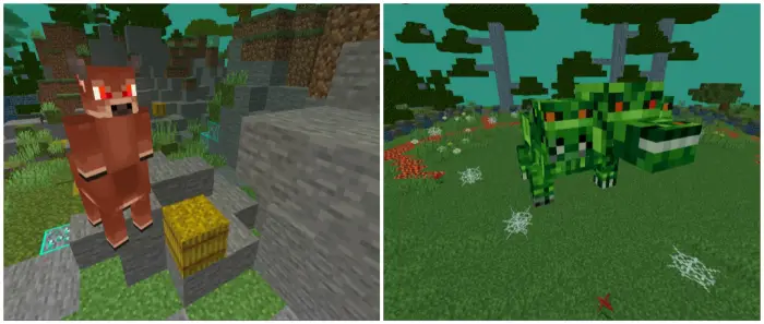 **Left image ALT** Red-eyed creature near stone ruins **Right image ALT** Two-headed green serpent in a forest