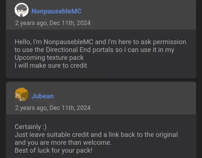 Two users discuss texture pack permissions.